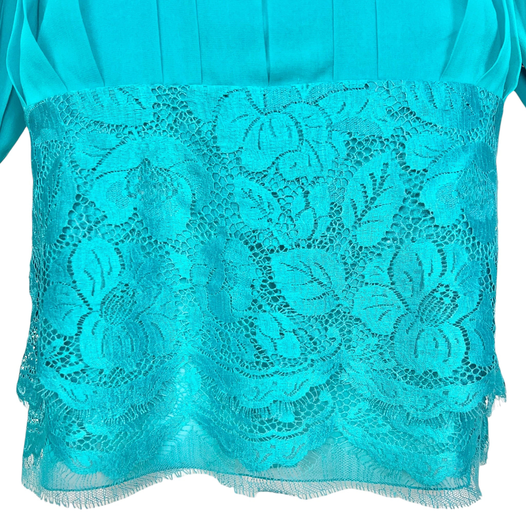 Galanos 1980's Turquoise Pleated Silk and Lace Mini Dress, hem