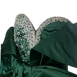 Balestra Roma Couture 1980's Emerald Green Satin and Rhinestone Strapless Gown, bodice close up