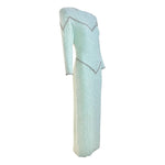 Galanos 1980's Fully Beaded Pale Aqua Blue Silk Evening Gown with Rhinestones, slight side