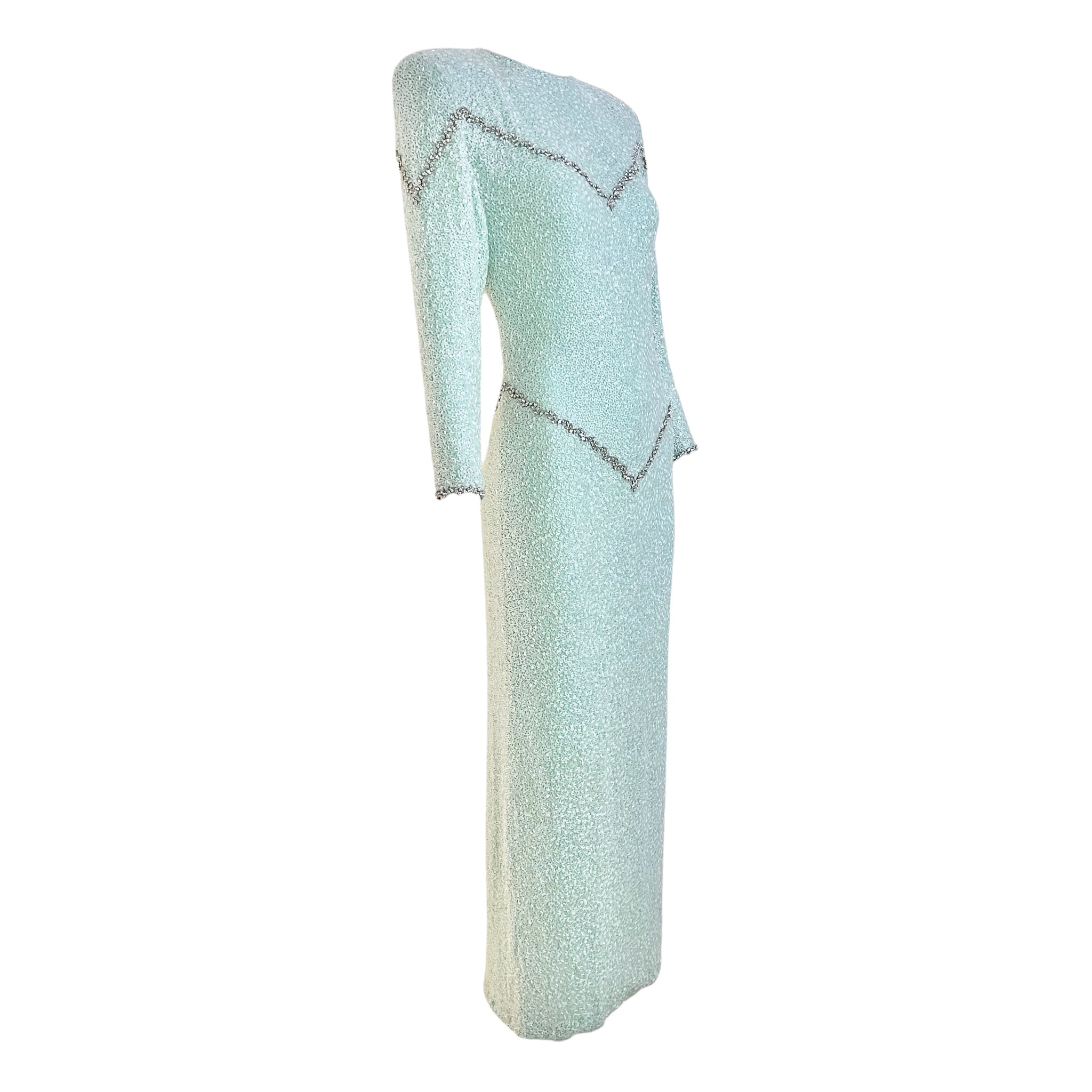 Galanos 1980's Fully Beaded Pale Aqua Blue Silk Evening Gown with Rhinestones, slight side