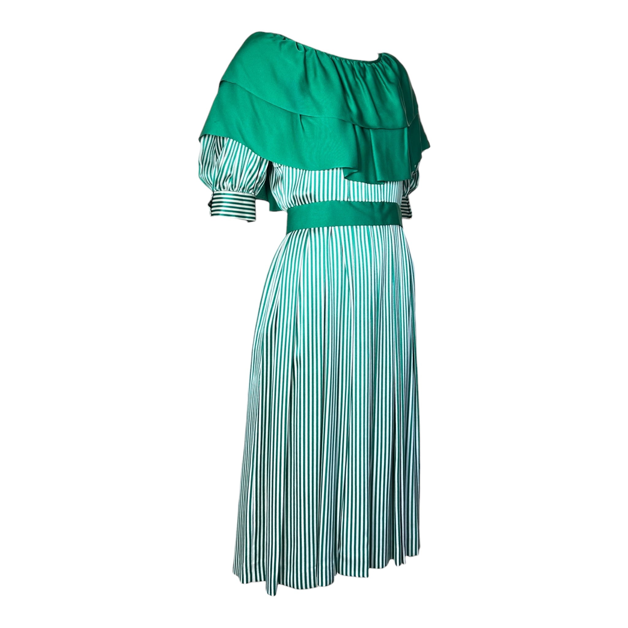 1980's Green and White Striped Silk Dress with Flutter Collar, side 2