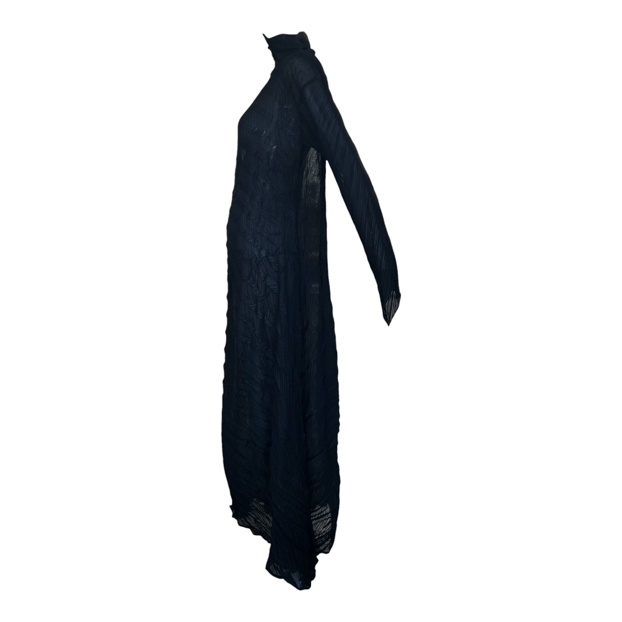 Issey Miyake 90's/Y2K  Black Sheer Herringbone Diagonal Pleated Tunic Dress, side
