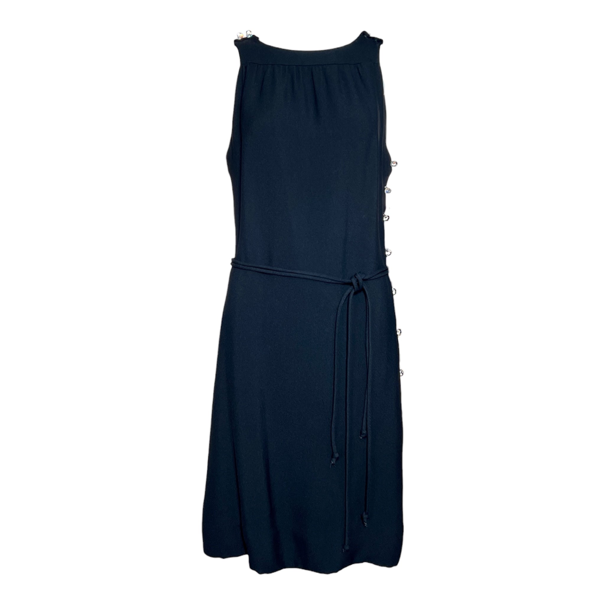 Teal Traina 1960s Classic Little Black Shift Dress w/Crystal Buttons.