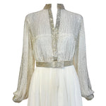 Victoria Royal 1970's White Chiffon Fit and Flare Long Sleeve Dress with Silver Beaded Bodice, top
