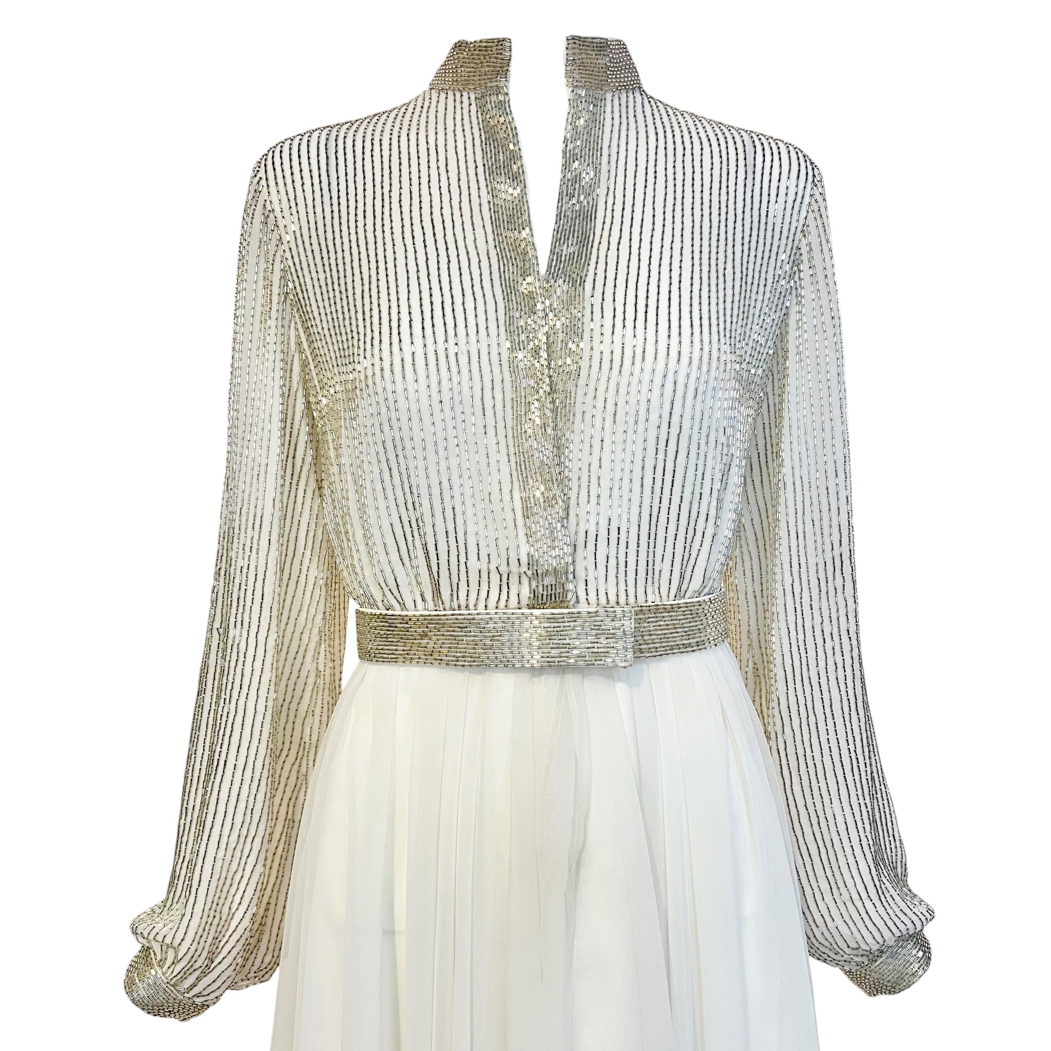 Victoria Royal 1970's White Chiffon Fit and Flare Long Sleeve Dress with Silver Beaded Bodice, top