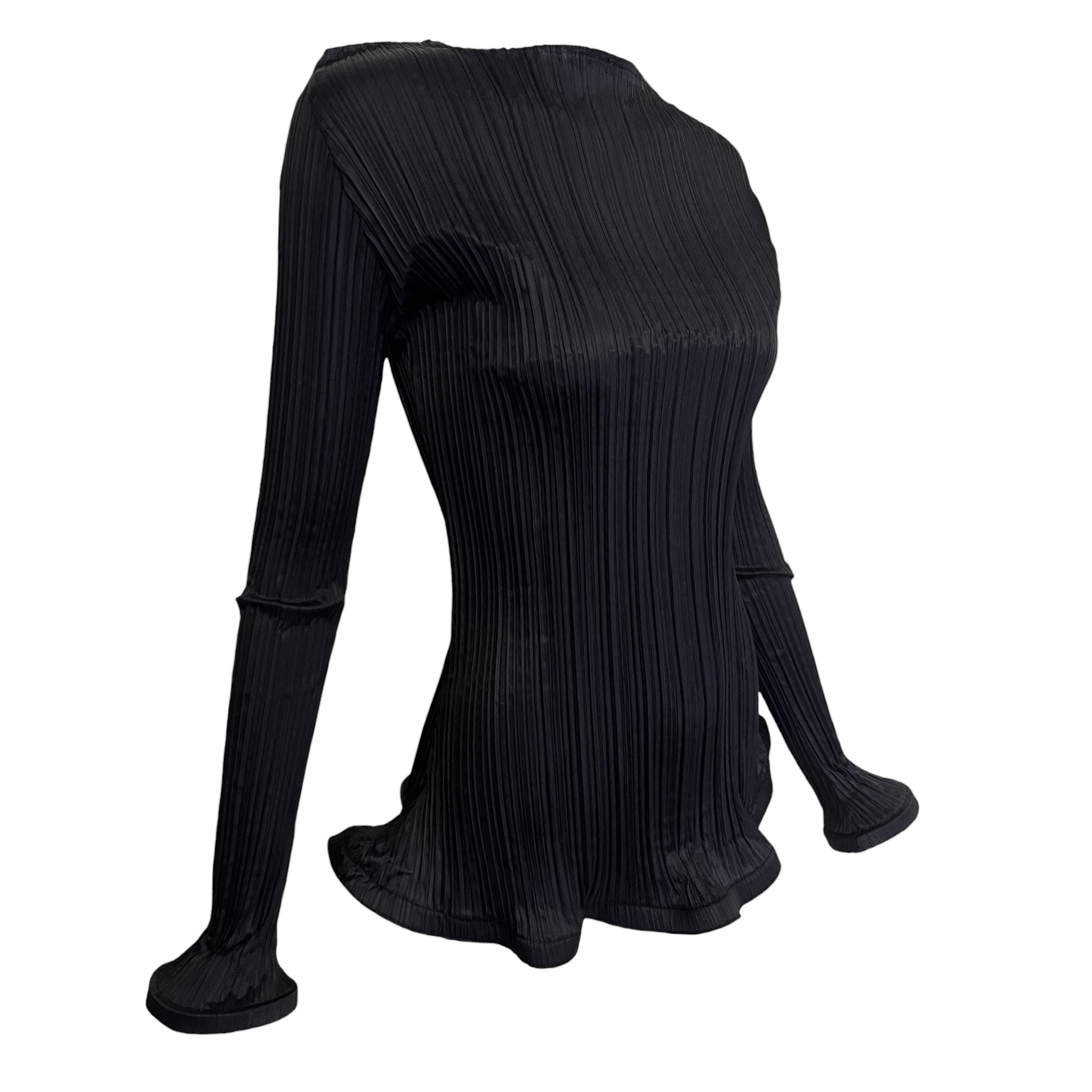 Y2K Issey Miyake Black Trumpet Hem Pleats Please Skirt Set, blouse side