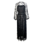 Galanos 1980's Black Chantilly Lace and Silk Chiffon Long Sleeve Gown