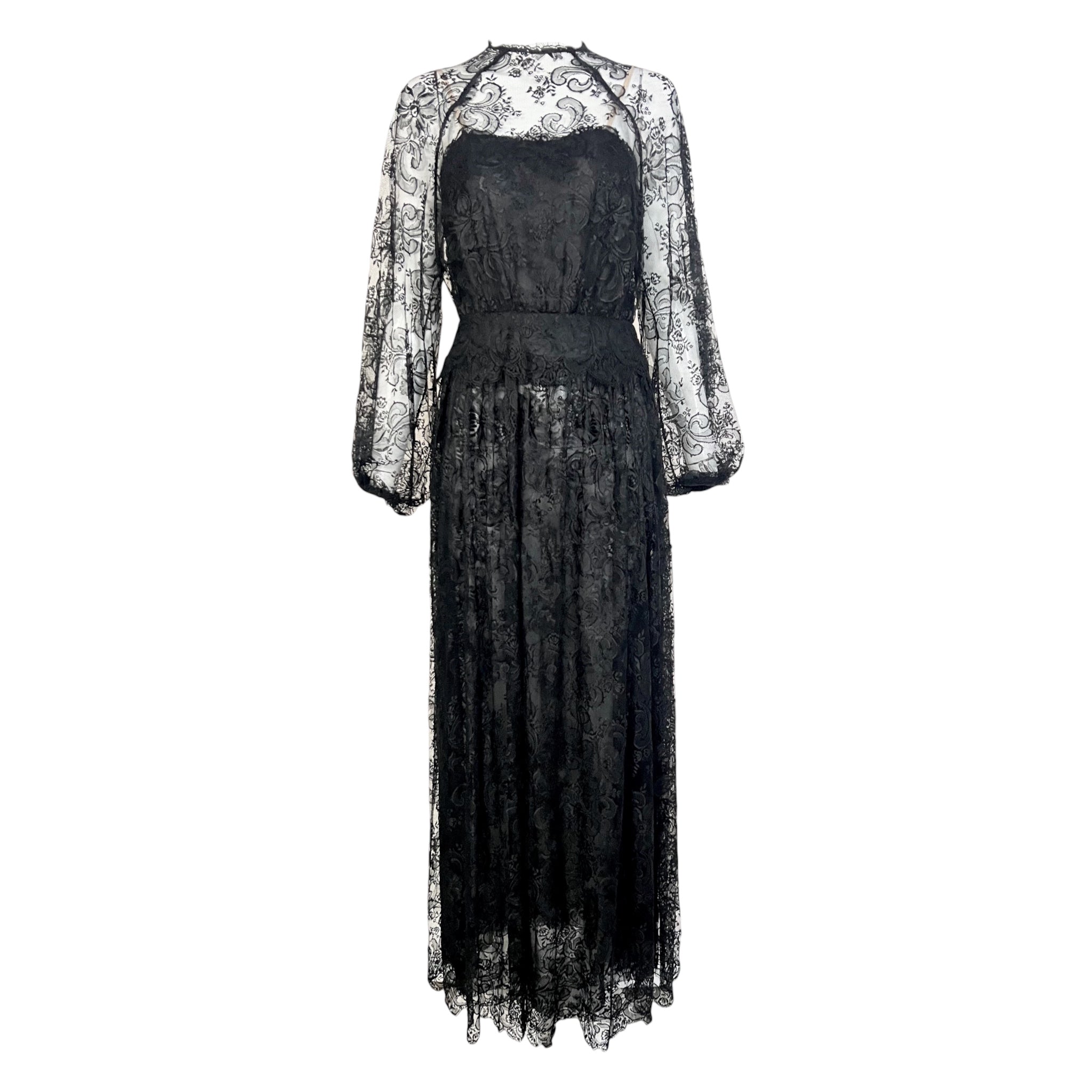 Galanos 1980's Black Chantilly Lace and Silk Chiffon Long Sleeve Gown