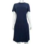 Pierre Balmain Haute Couture Early 1960's Navy Blue Wool Pleated Day Dress