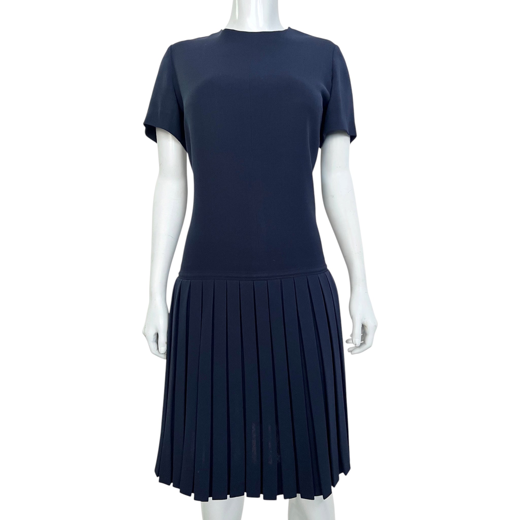 Pierre Balmain Haute Couture Early 1960's Navy Blue Wool Pleated Day Dress