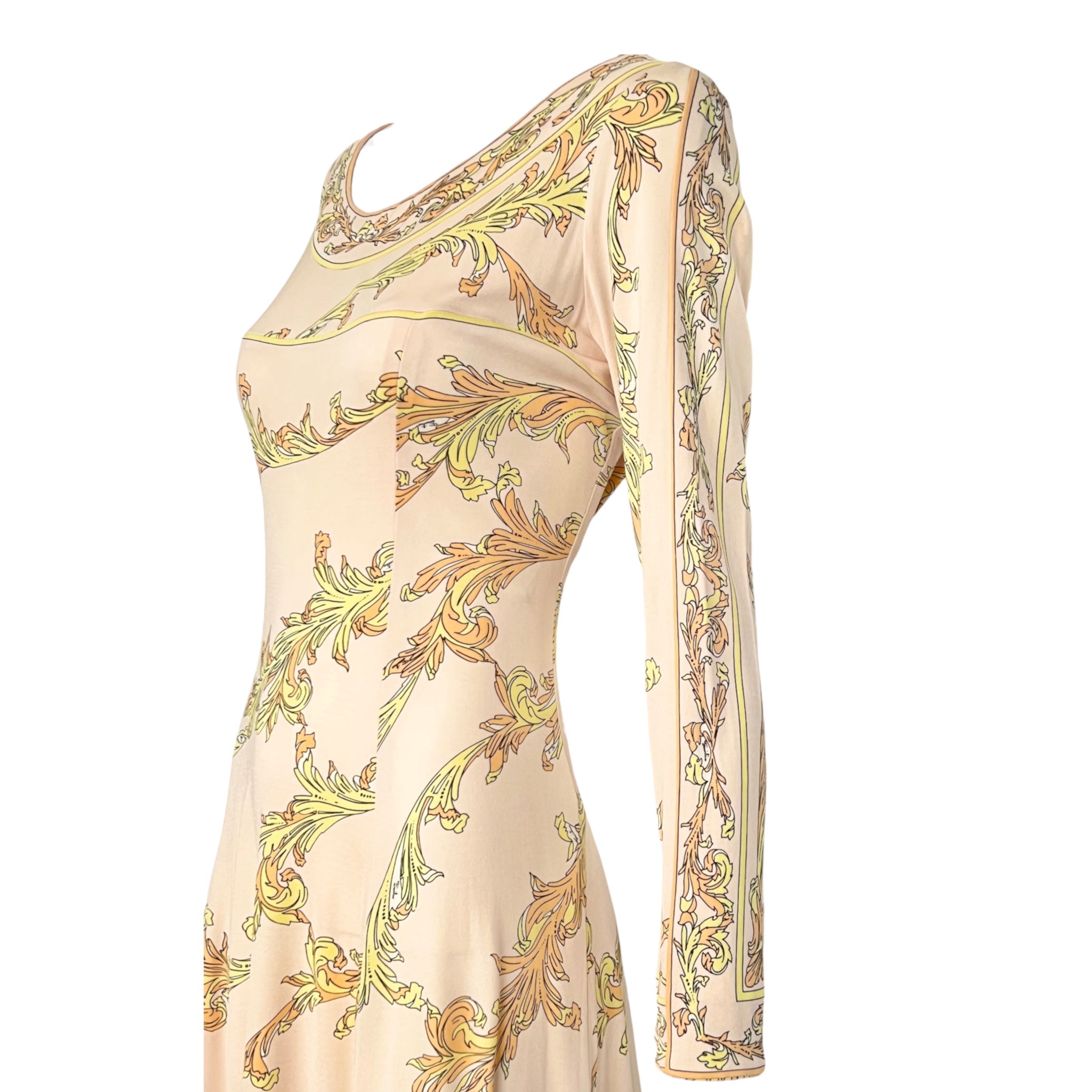 Emilio Pucci 1970's Pale Peach Pastel Printed Silk Jersey Mini Dress, slight side top