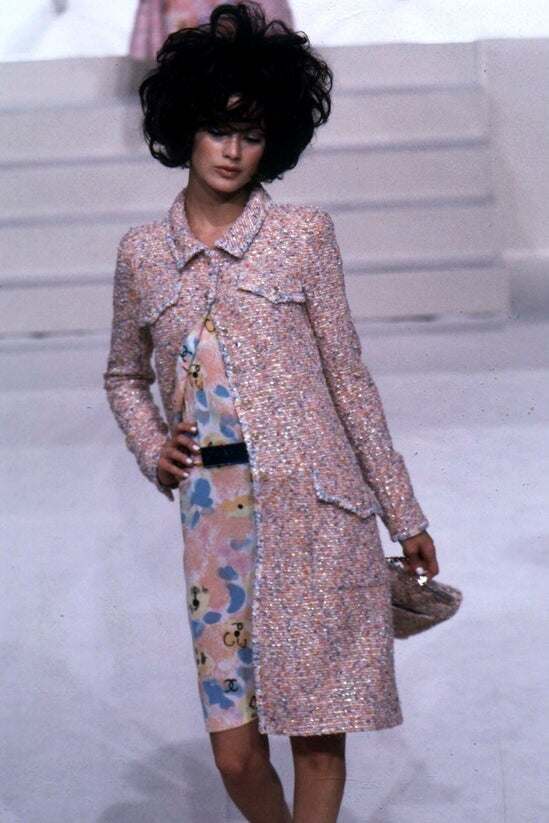 Chanel S/S 1997 Pink Multicolor Metallic Bouclé Tweed Coat, runway Vogue