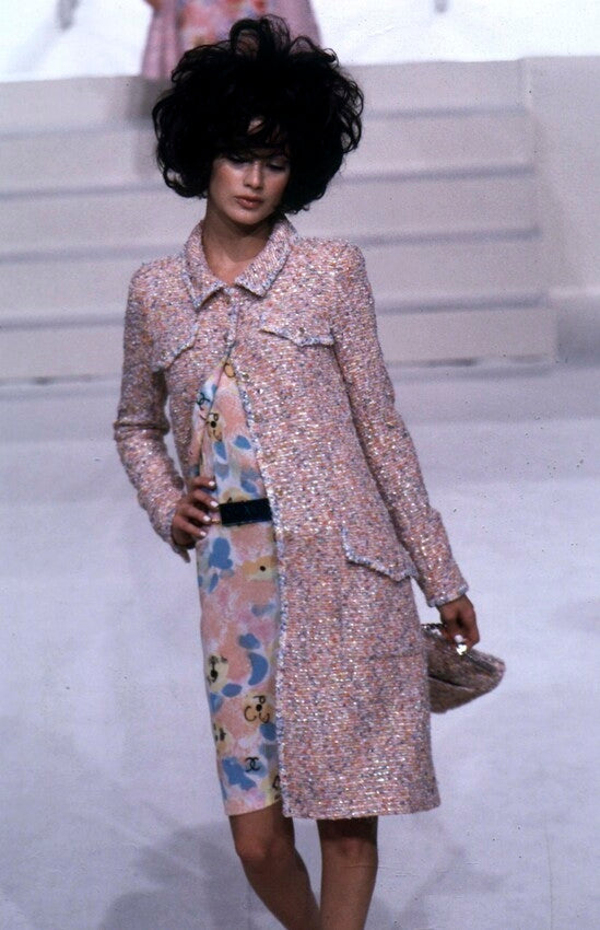 Chanel S/S 1997 Pink Multicolor Metallic Bouclé Tweed Coat, runway Vogue