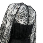 Galanos 1980's Black Chantilly Lace and Silk Chiffon Long Sleeve Gown side partial sleeve and back top