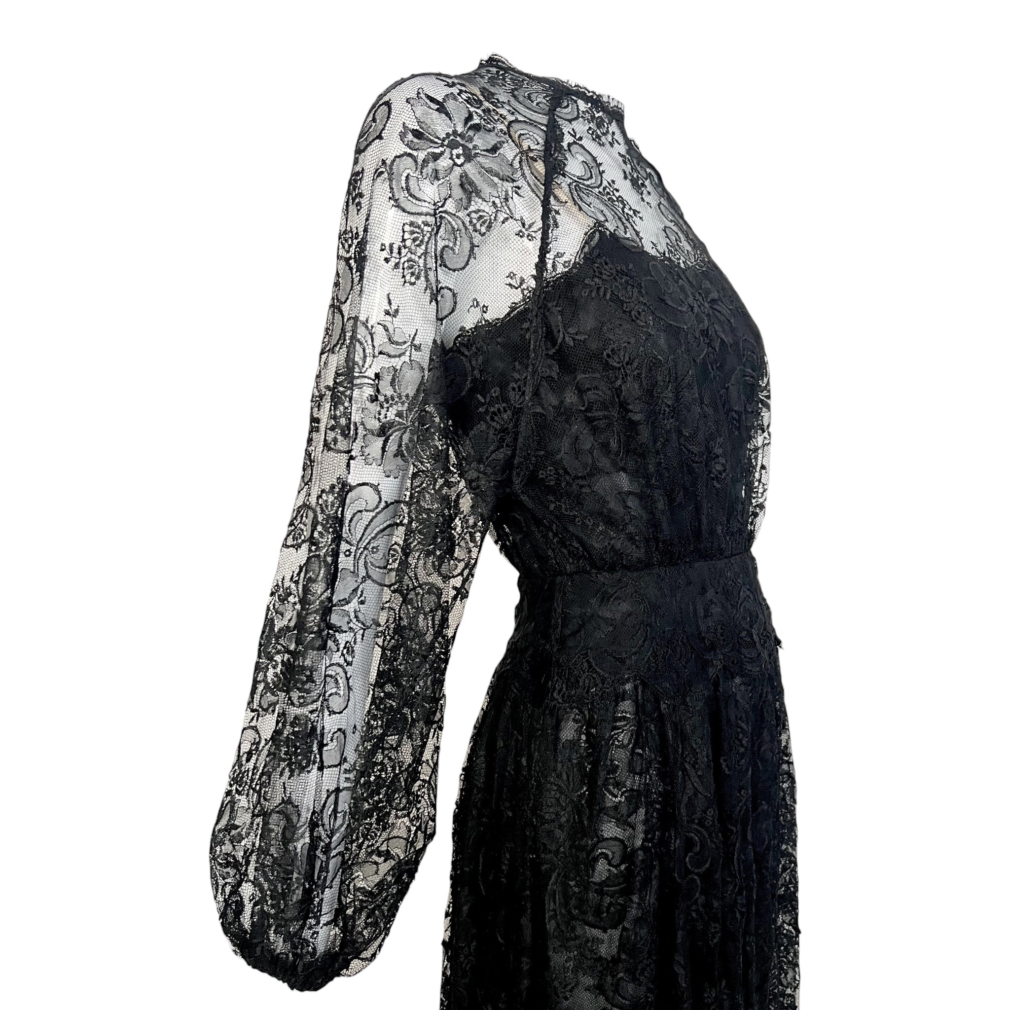 Galanos 1980's Black Chantilly Lace and Silk Chiffon Long Sleeve Gown, bodice side
