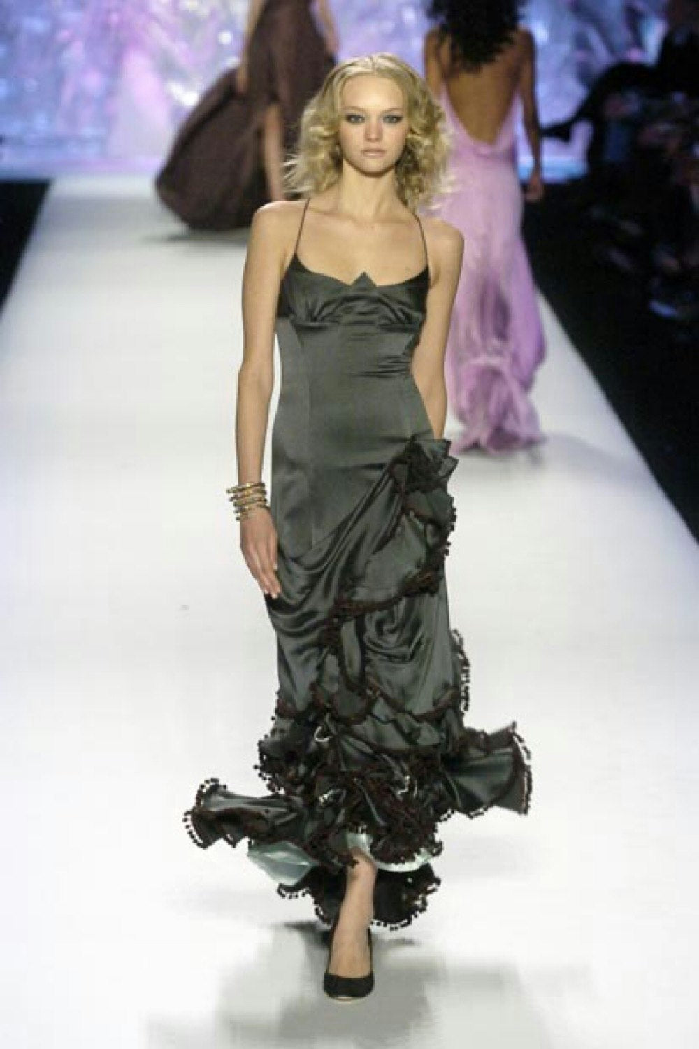 Zac Posen F/W 2005 Plum Silk Satin Tiered Gown w/Flounce, runway