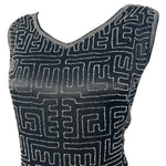 1920's Art Deco Geometric Beaded Black Silk Satin Evening Dress, top front