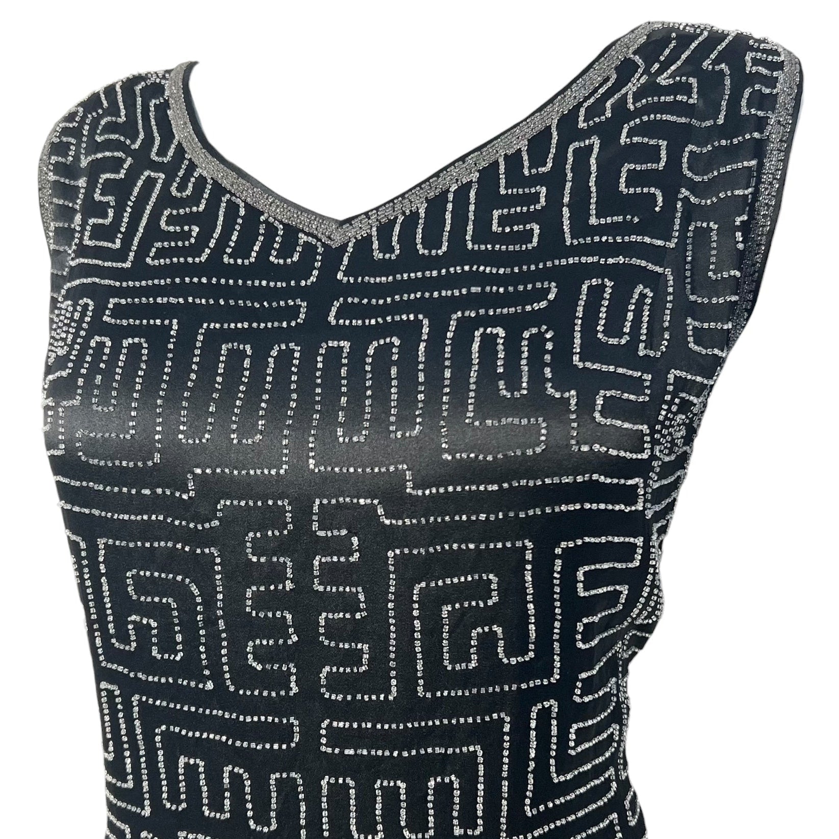 1920's Art Deco Geometric Beaded Black Silk Satin Evening Dress, top front