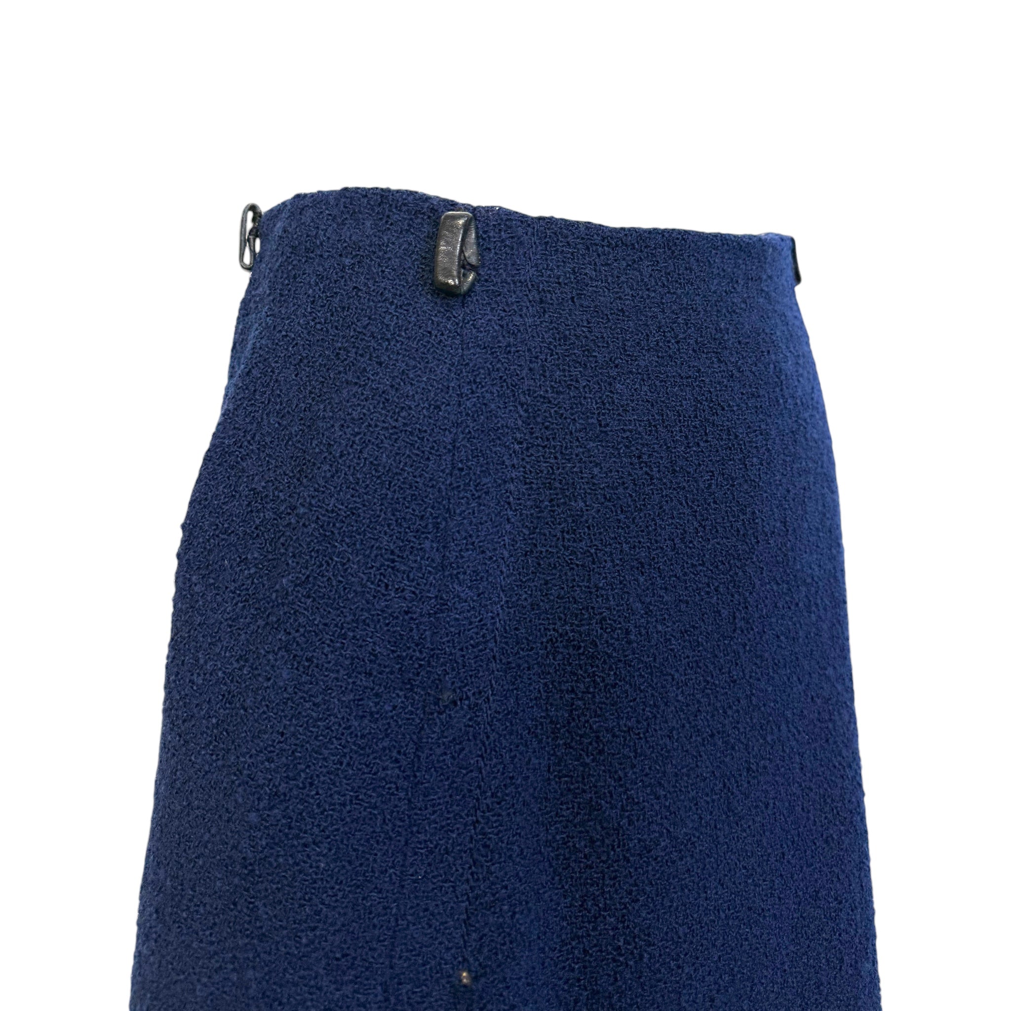 Christian Dior Spring 1963 Navy Blue Boucle Wool Skirt Suit, belt oops