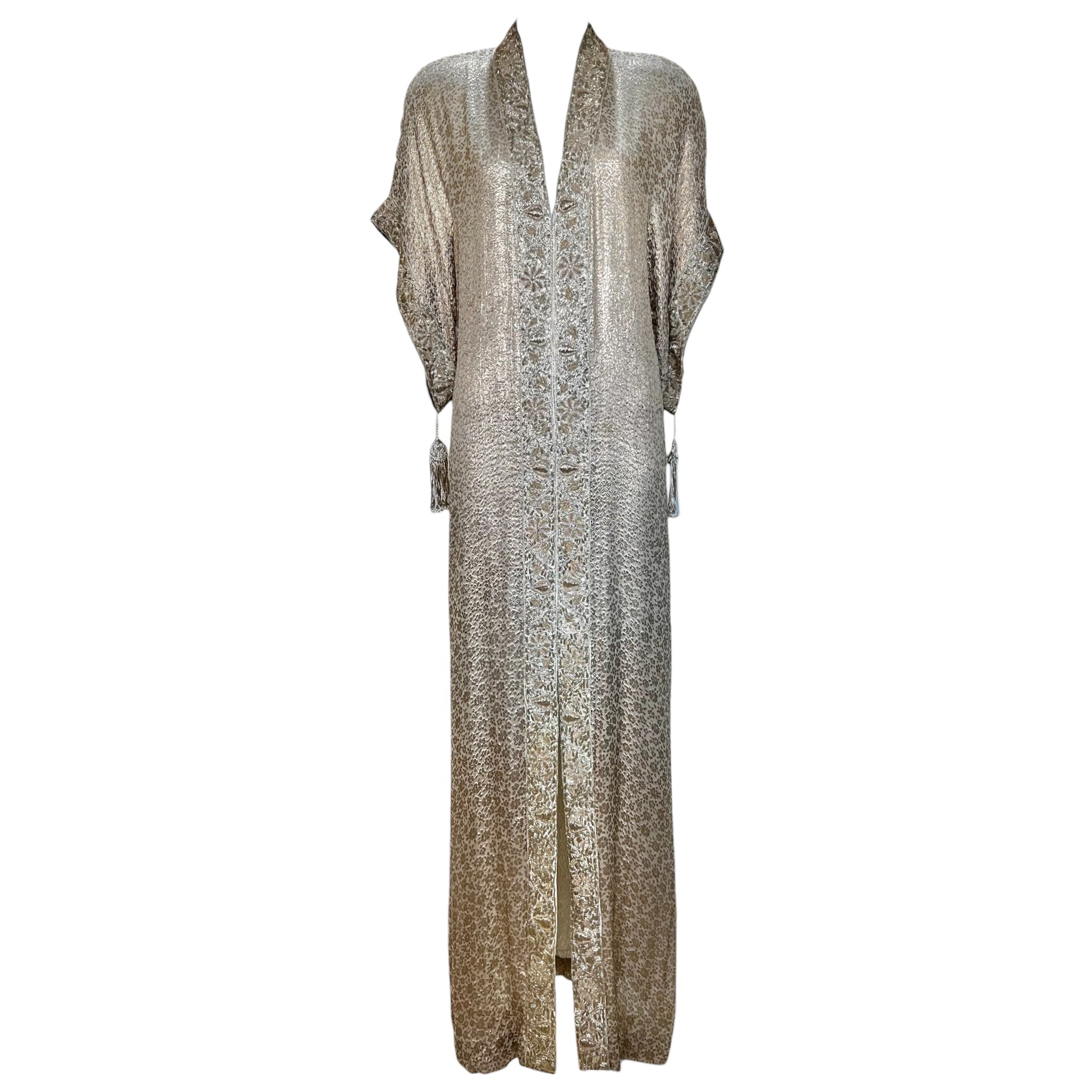 Late 1970's Gold Champagne Lamé Jacquard Caftan Gown and Scarf, dress