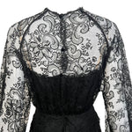 Galanos 1980's Black Chantilly Lace and Silk Chiffon Long Sleeve Gown, back top