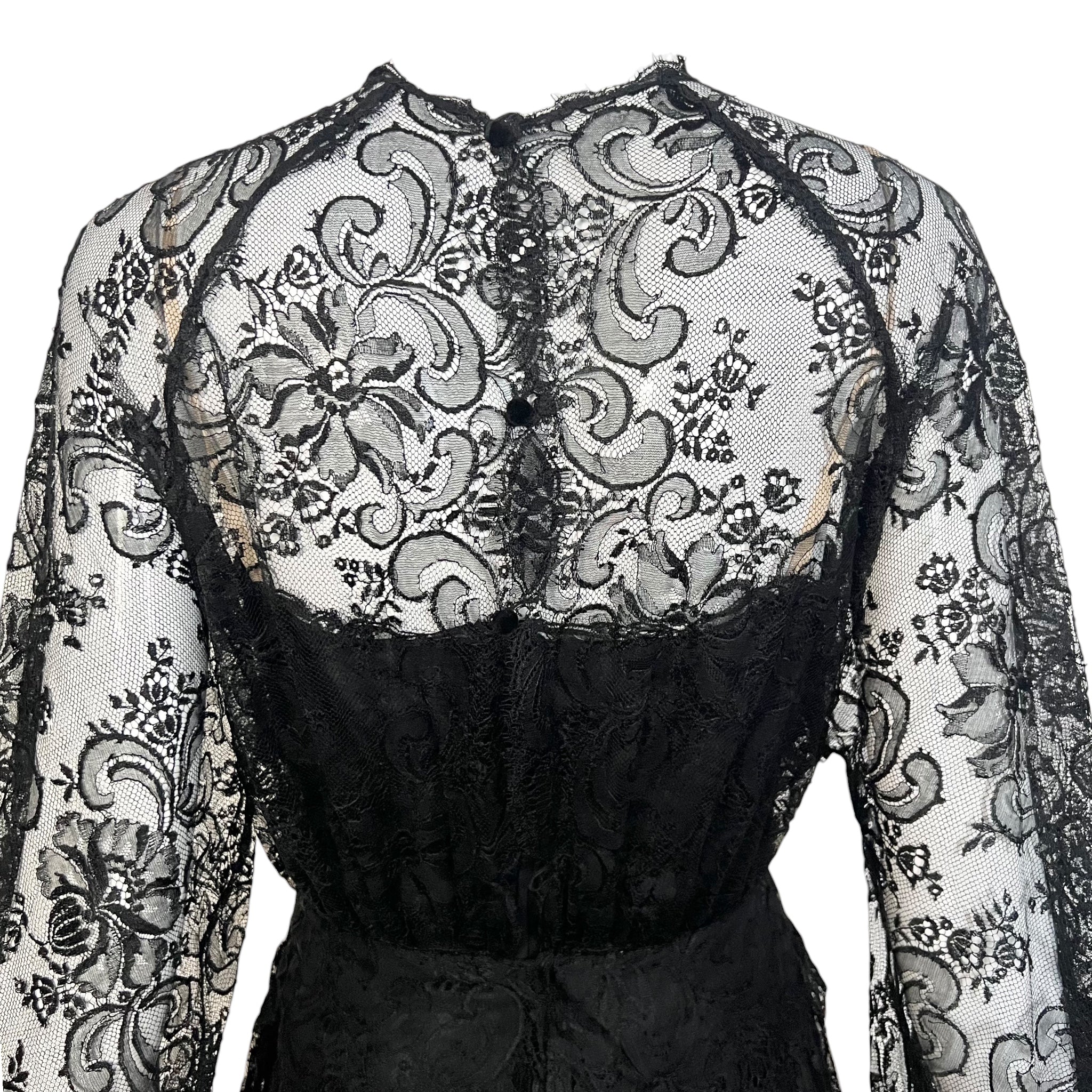 Galanos 1980's Black Chantilly Lace and Silk Chiffon Long Sleeve Gown, back top