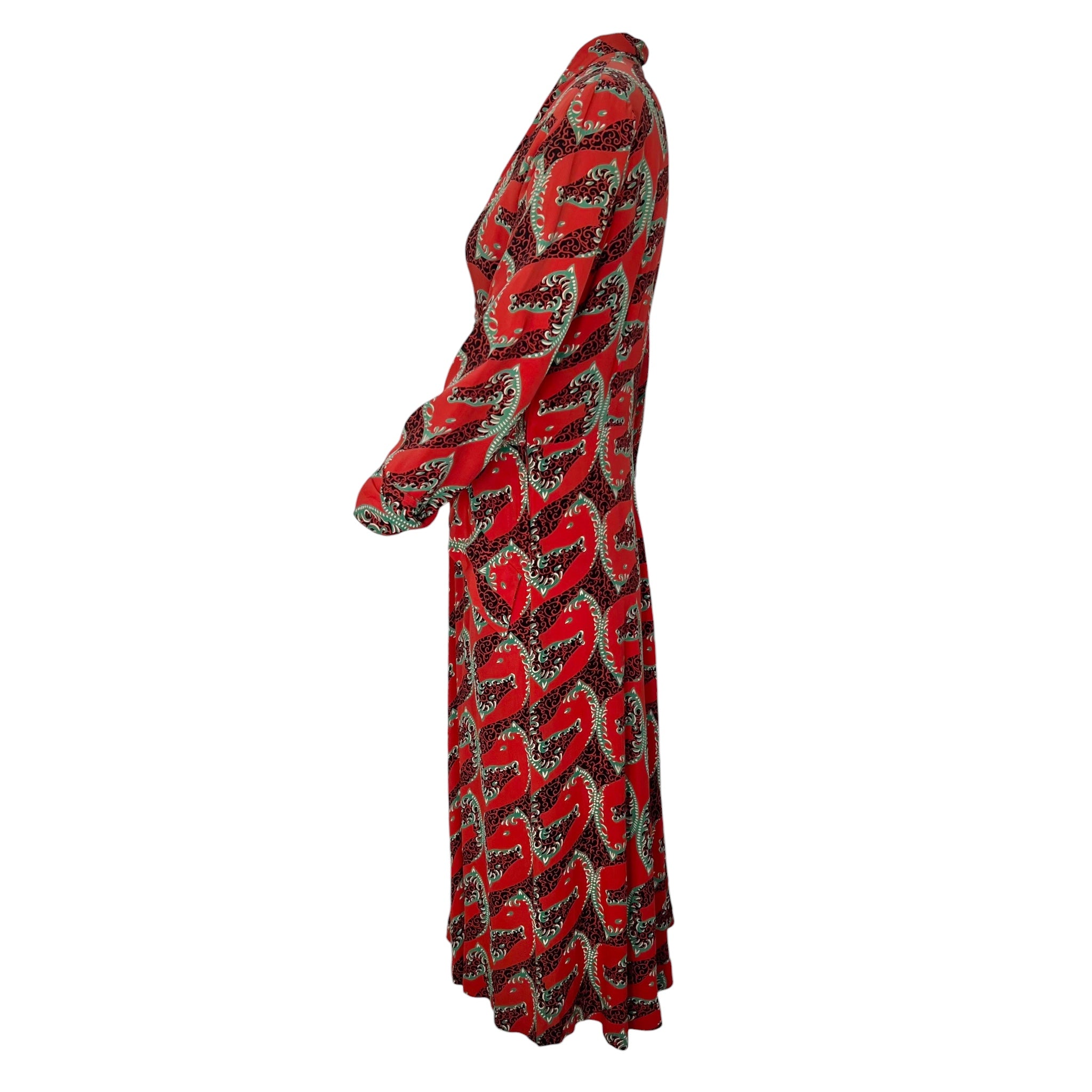 1940's Red Graphic Horse Head Rayon Crepe Dress, side