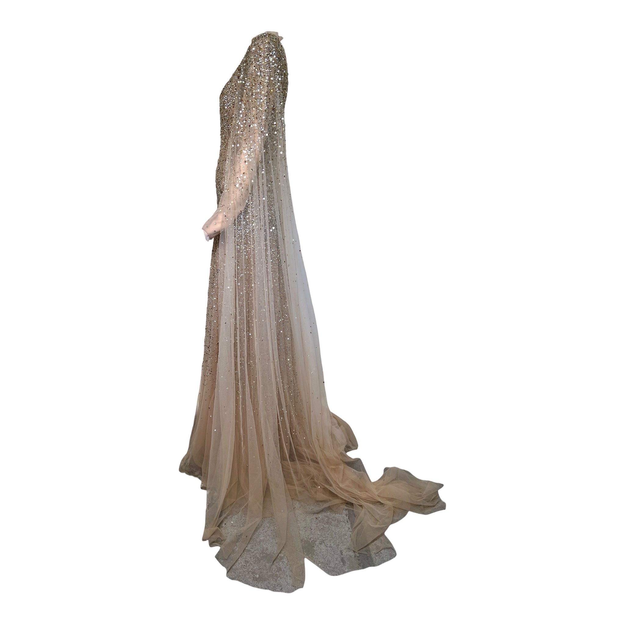 Tony Ward Fall 2025 Sheer Tulle Beaded ad Crystal Gown w/Waterfall Sleeves, side 2
