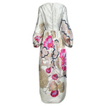Bill Blass 1969 Silver Brocade Pink Floral Long Sleeve Full Length Dress, Documented, back