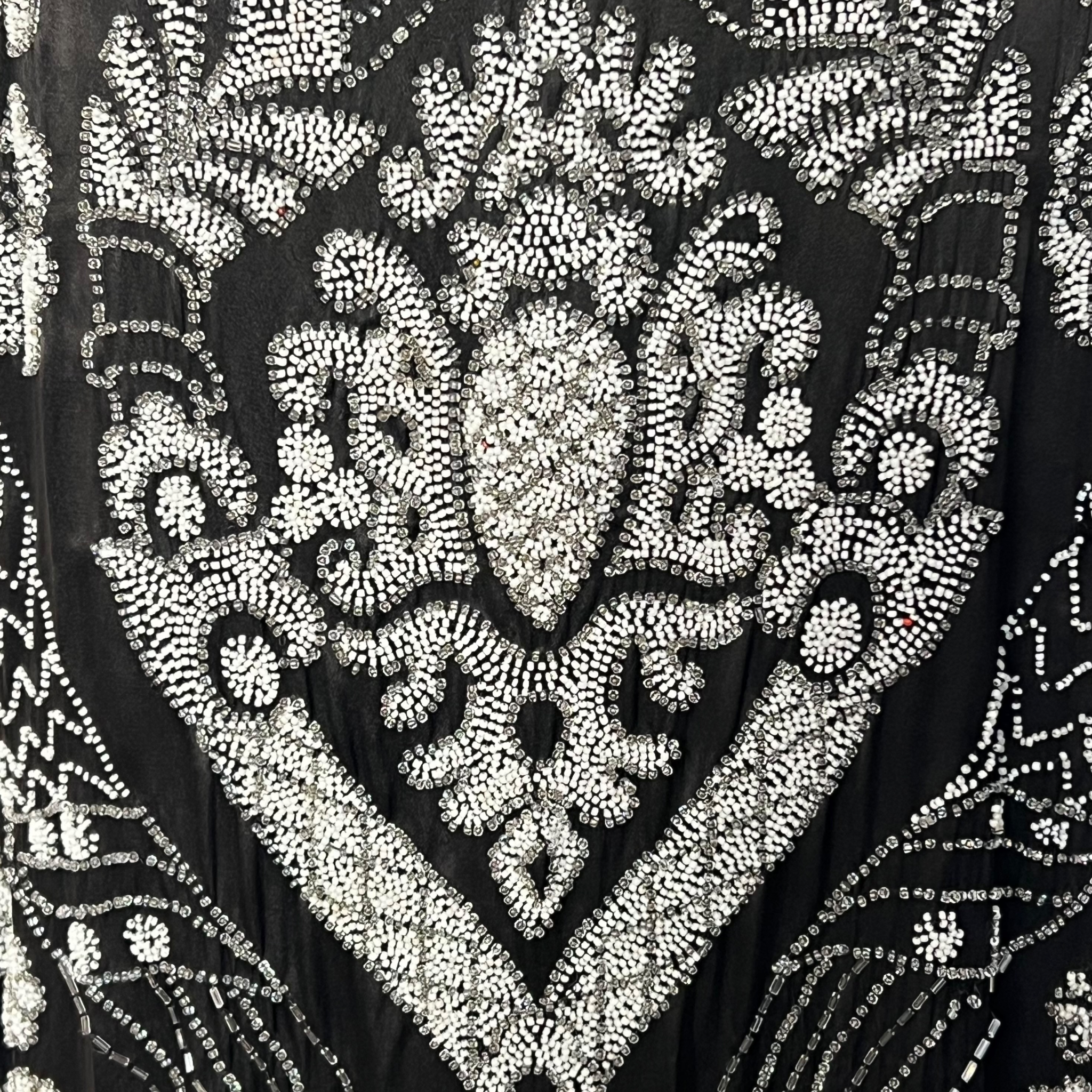 1920's Art Deco White Beaded Charcoal Black Satin Silk Evening Dress, detail