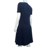 Pierre Balmain Haute Couture Early 1960's Navy Blue Wool Pleated Day Dress, slight side back