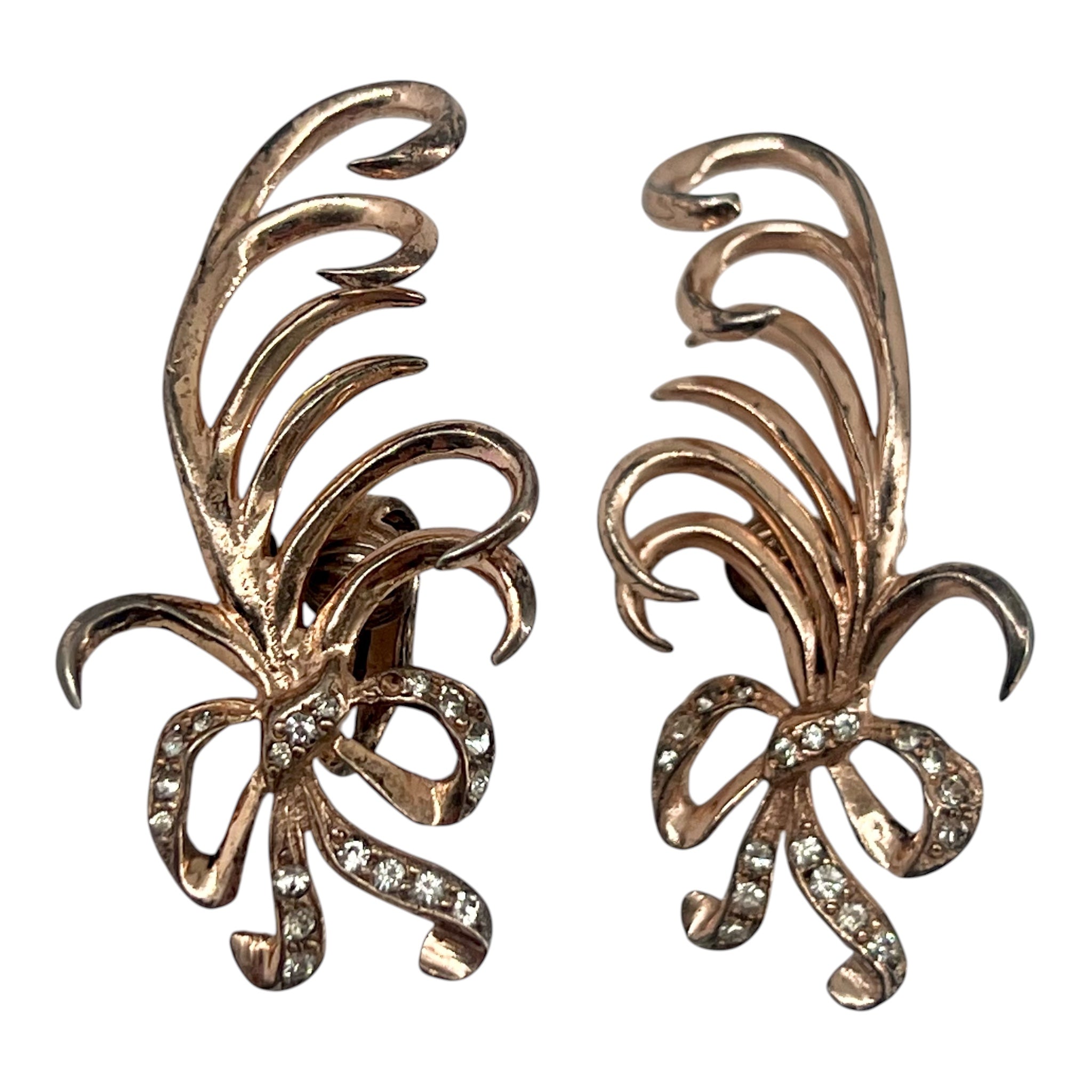 Nettie Rosenstein 1940's Sterling Silver Gold Vermeil Diamante Feather Brooch and Earrings, brooch 2