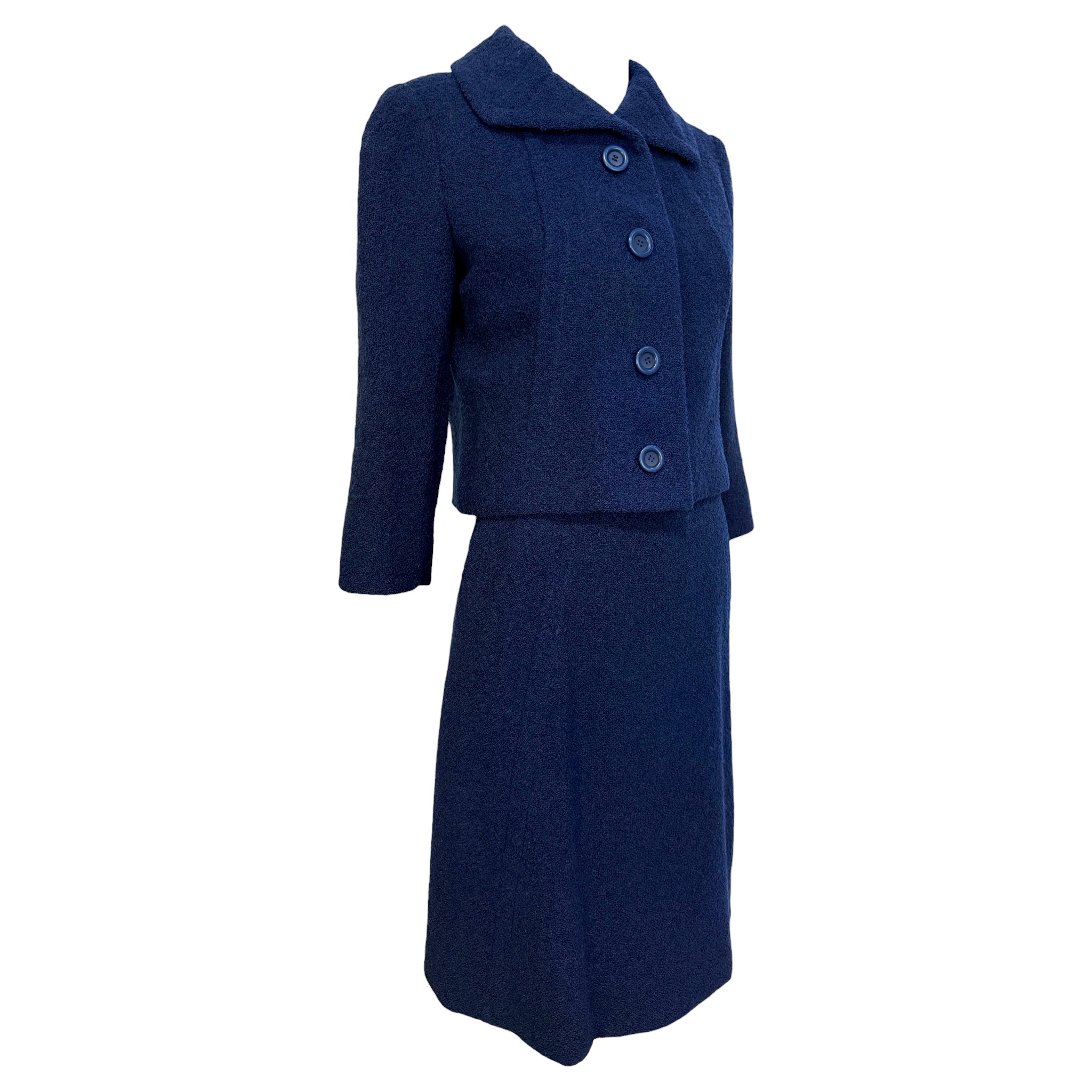 Christian Dior Spring 1963 Navy Blue Boucle Wool Skirt Suit, slight side