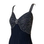 1930's Old Hollywood Rhinestoned Black Rayon Evening Gown, bodice