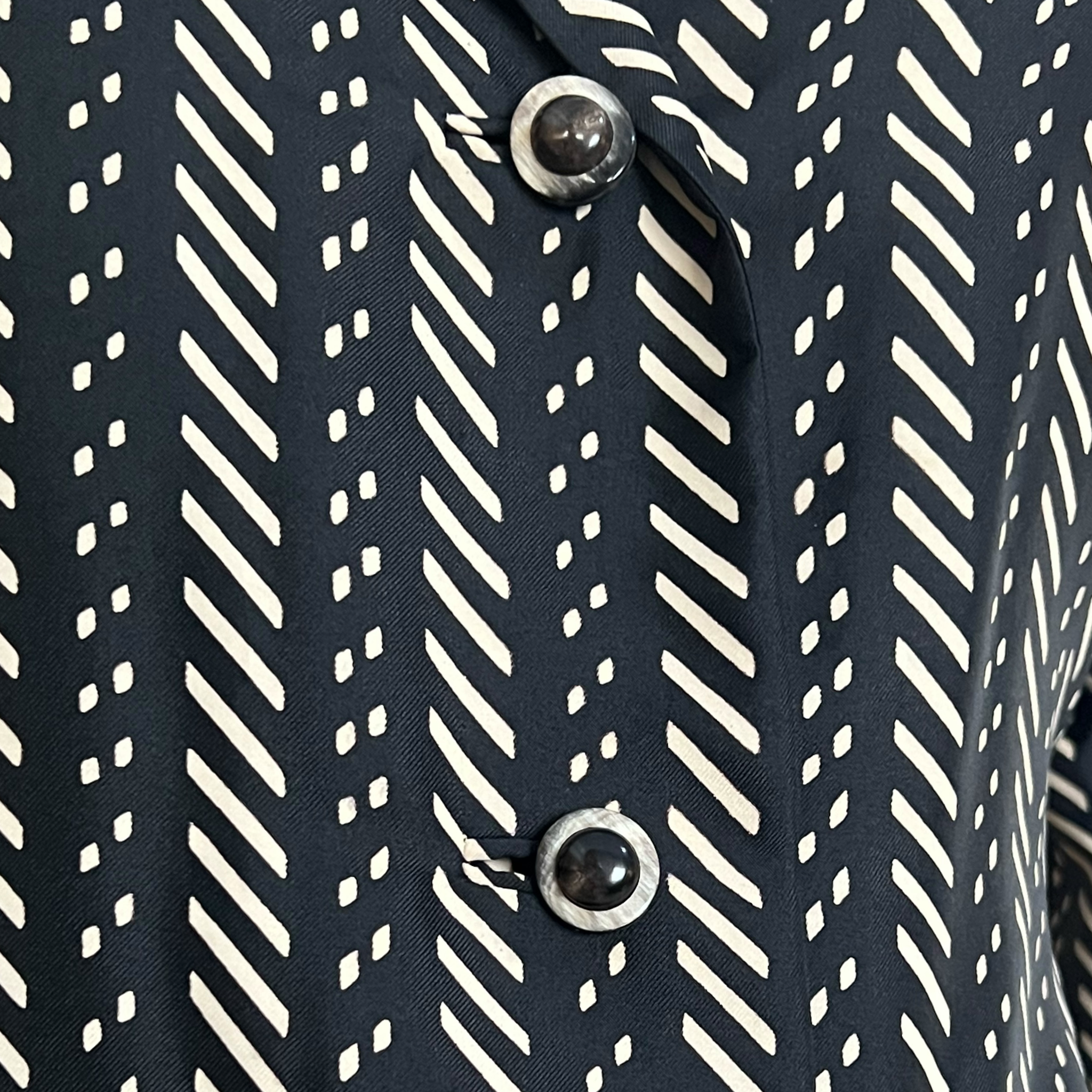 Galanos S/S 1973 Couture Deco Printed Silk Twill Skirt Suit, buttons