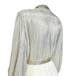 Victoria Royal 1970's White Chiffon Fit and Flare Long Sleeve Dress with Silver Beaded Bodice, slight side back detail