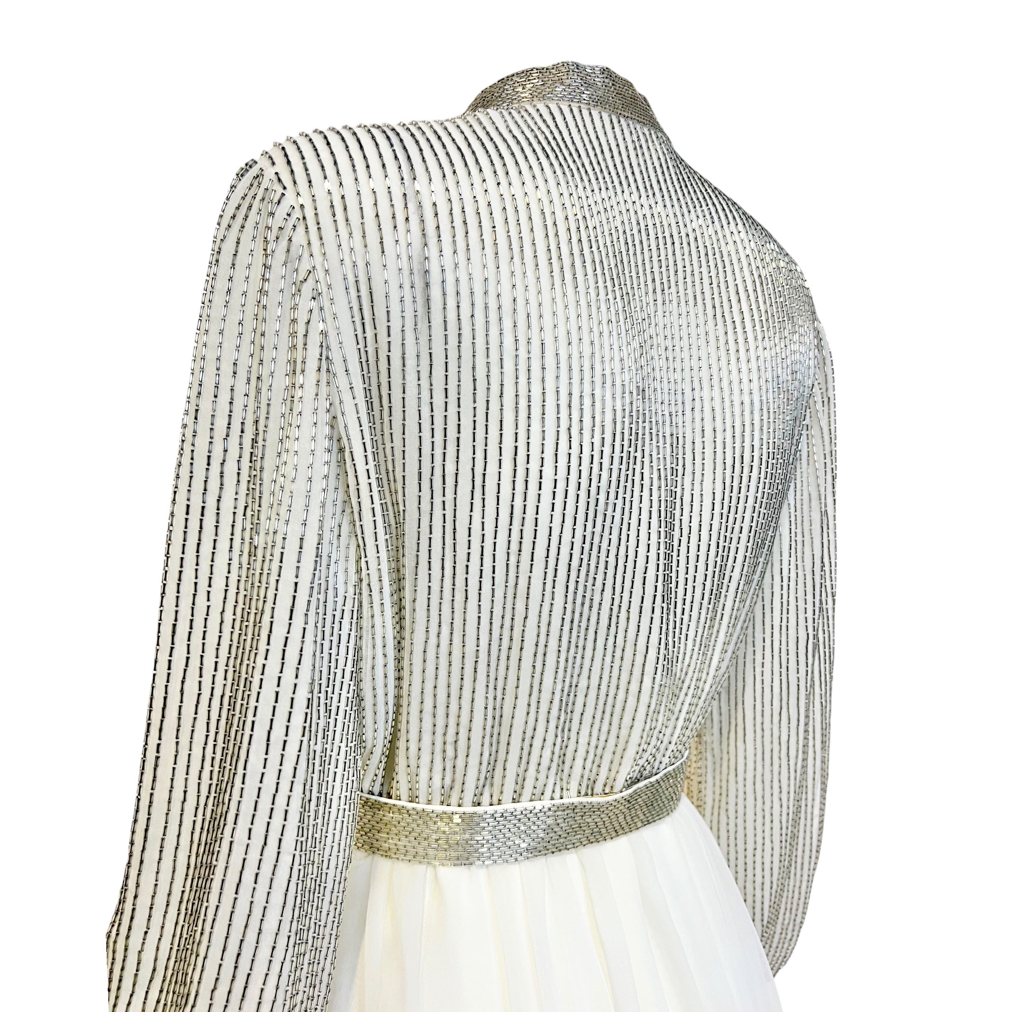 Victoria Royal 1970's White Chiffon Fit and Flare Long Sleeve Dress with Silver Beaded Bodice, slight side back detail
