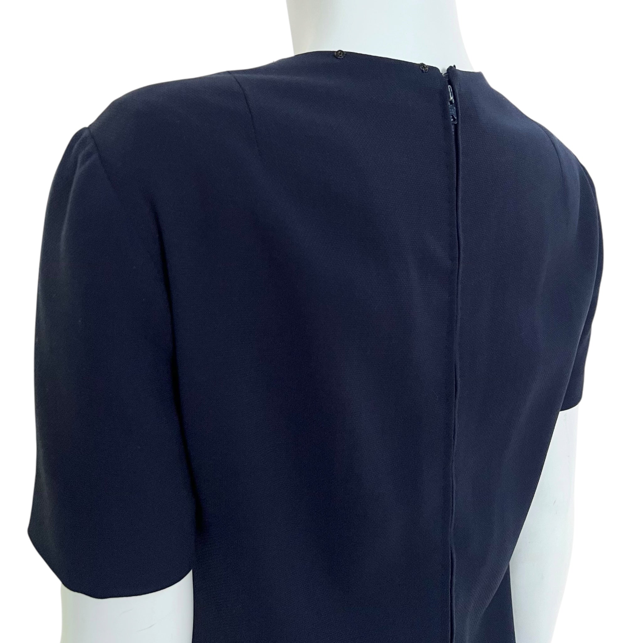 Pierre Balmain Haute Couture Early 1960's Navy Blue Wool Pleated Day Dress, back zipper