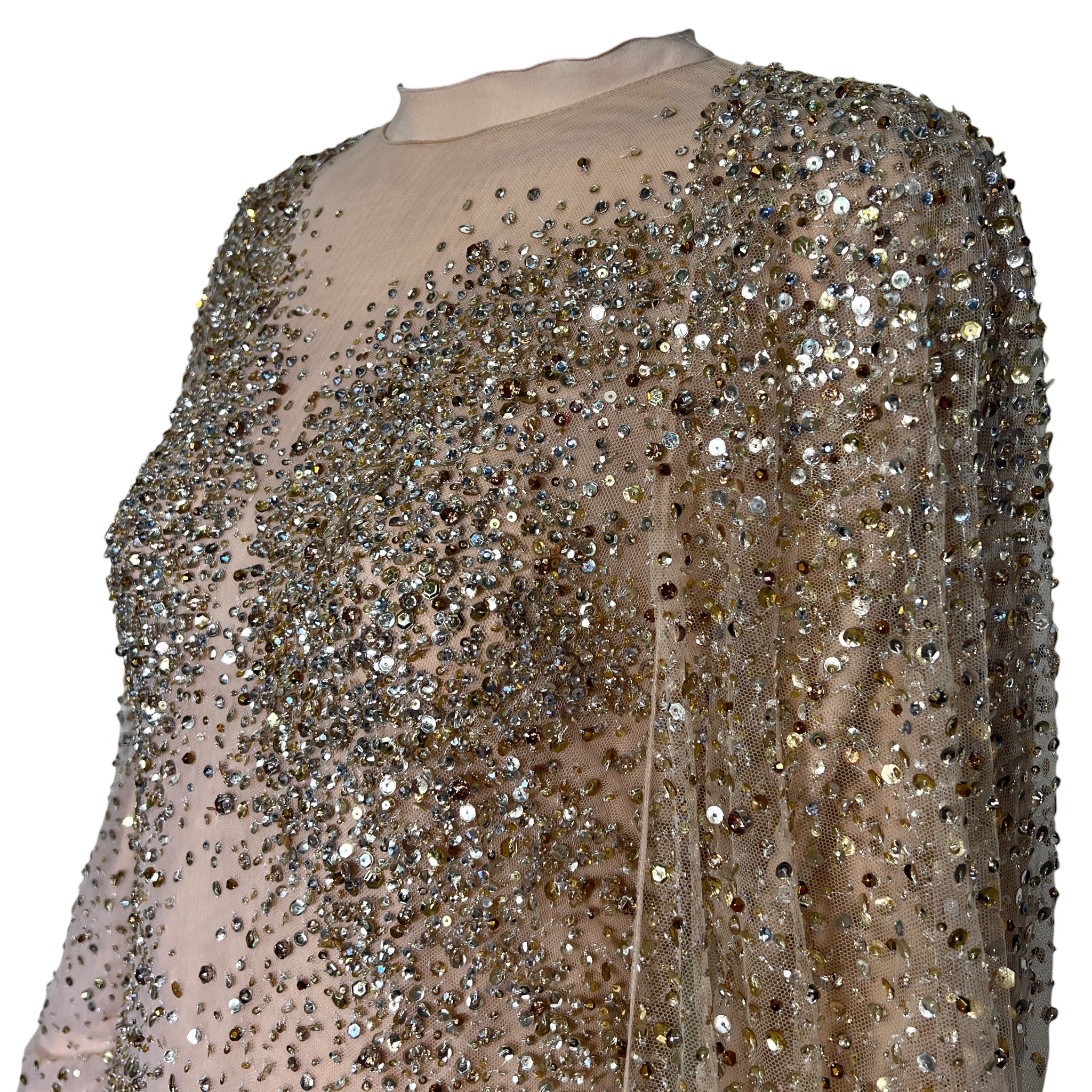 Tony Ward Fall 2025 Sheer Tulle Beaded ad Crystal Gown w/Waterfall Sleeves, neck detail