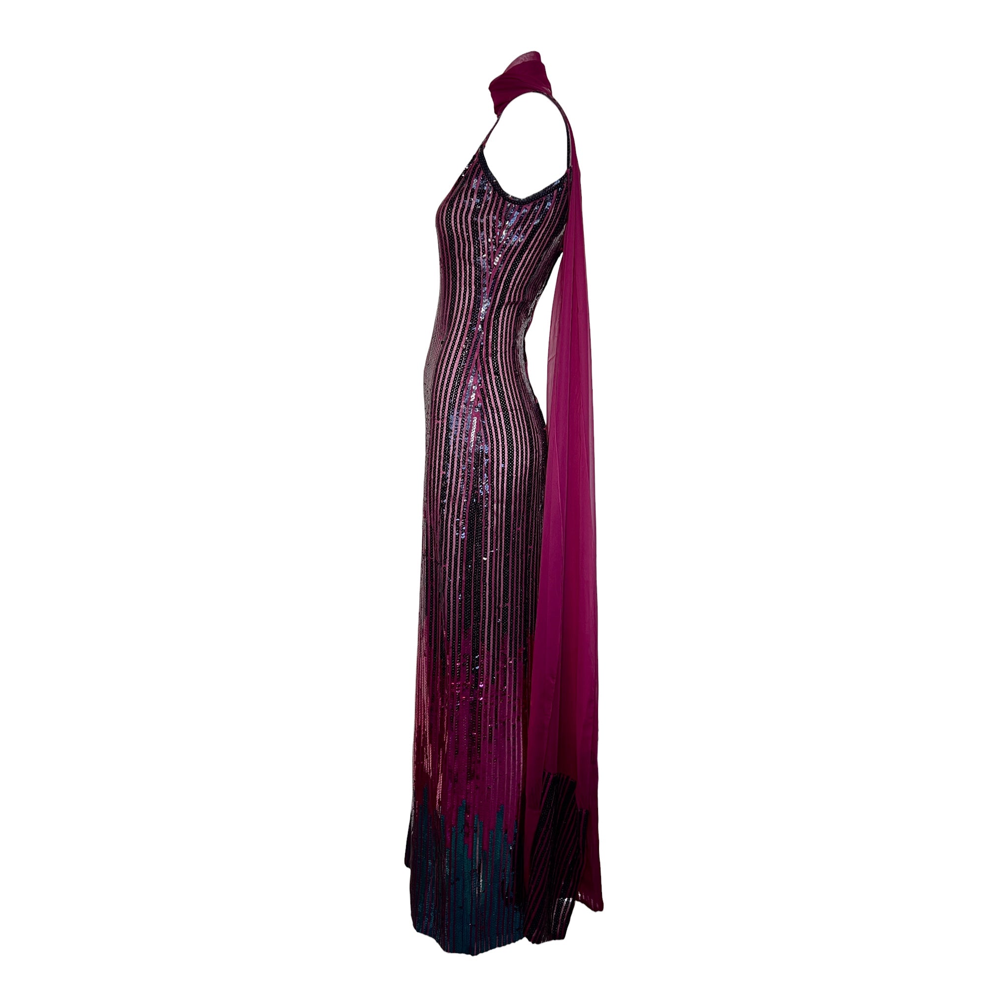 Ruben Panis 1970's Ombre Sequin Column Dress With Scarf, side 2