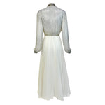 Victoria Royal 1970's White Chiffon Fit and Flare Long Sleeve Dress with Silver Beaded Bodice, back