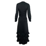 Galanos 1970's Black Satin Silk Ruffle Triple Tier Long Sleeve Column Gown, back