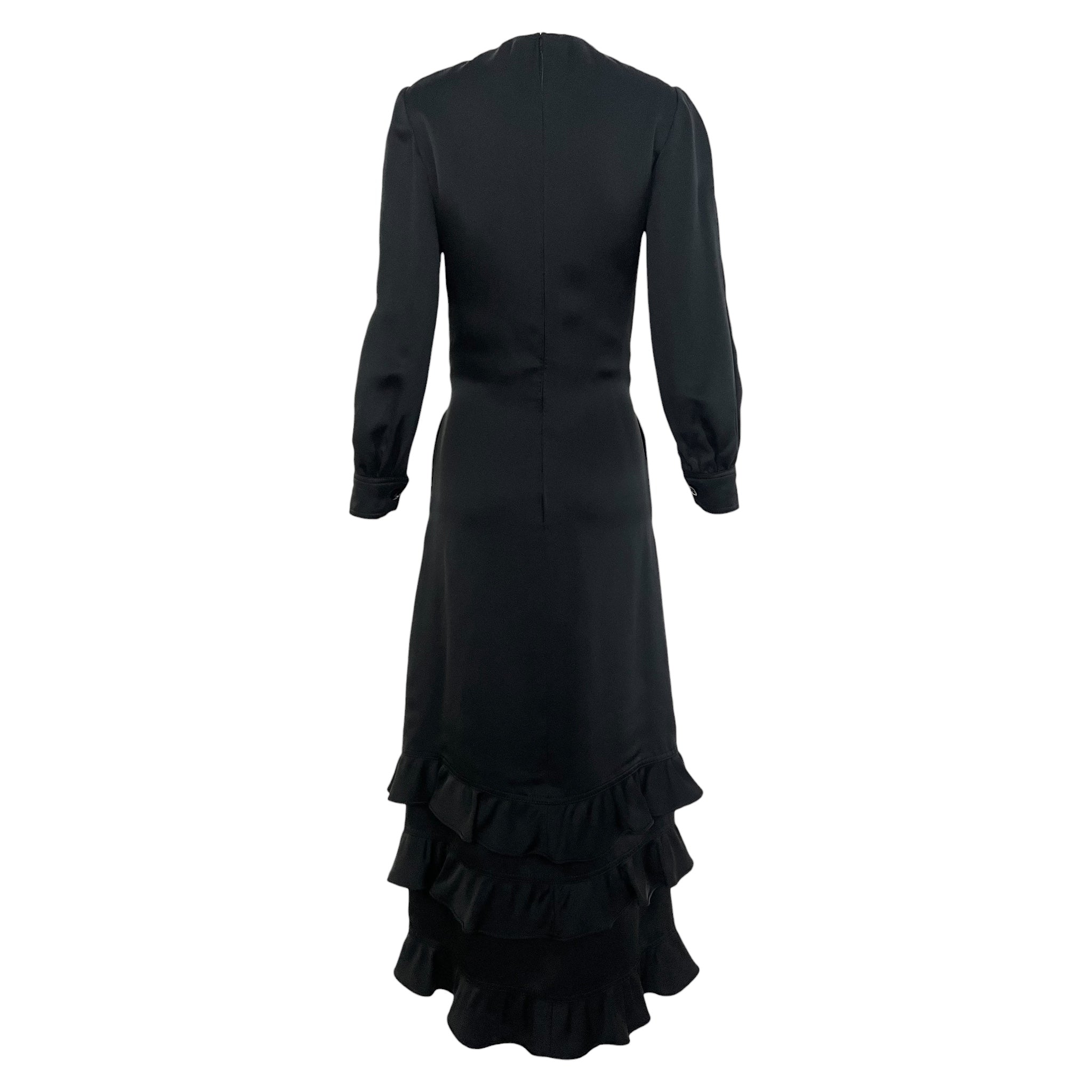 Galanos 1970's Black Satin Silk Ruffle Triple Tier Long Sleeve Column Gown, back