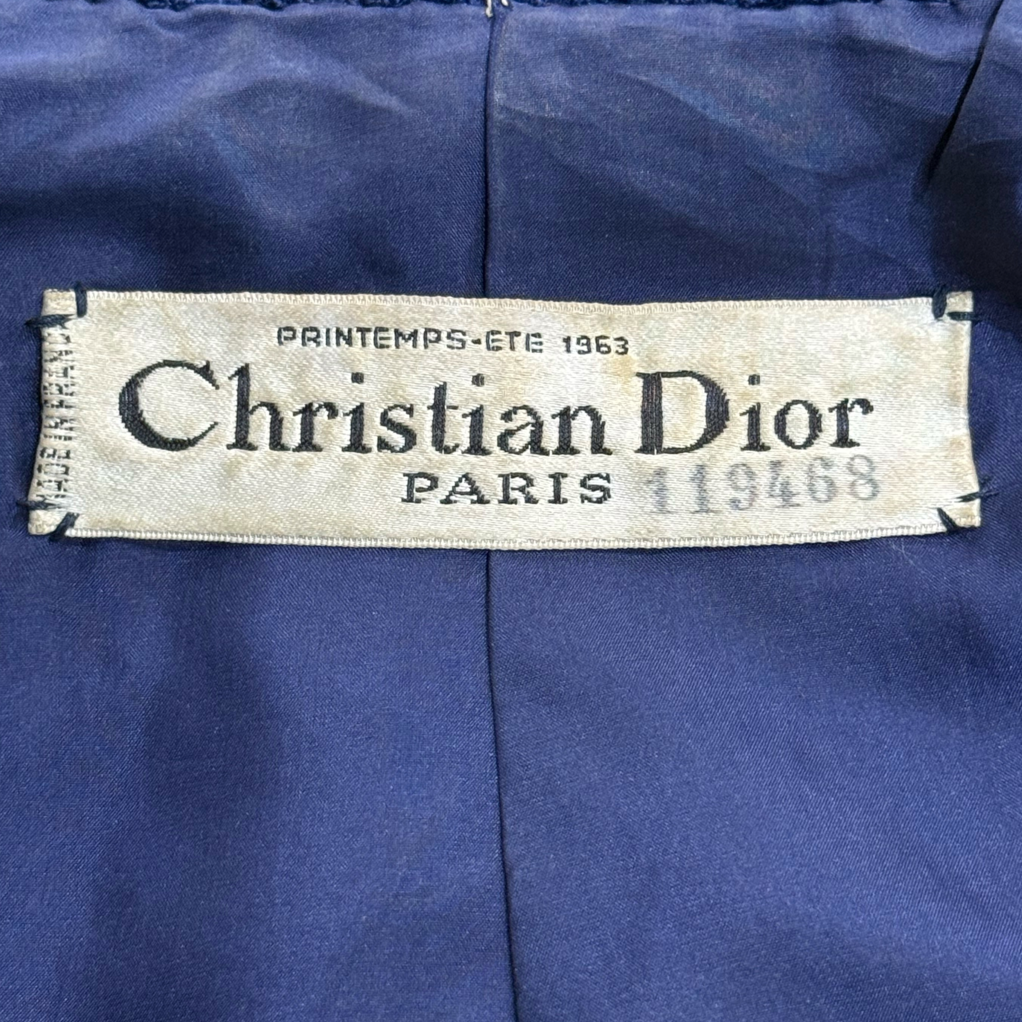 Christian Dior Spring 1963 Navy Blue Boucle Wool Skirt Suit, label