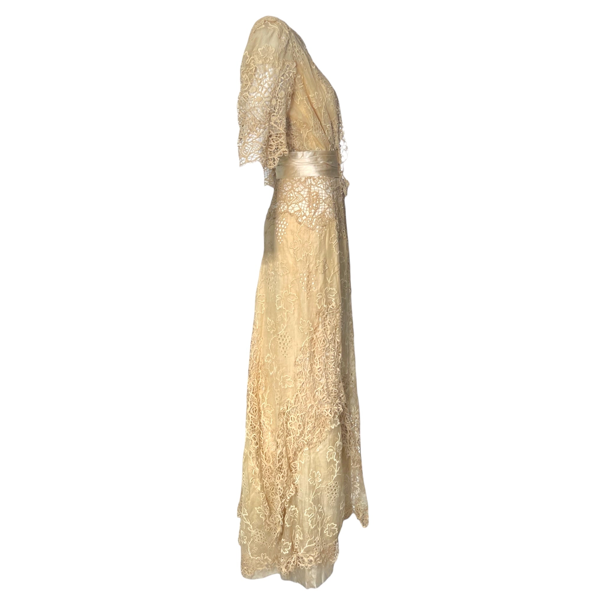Edwardian Cream Hand Embroidered and Bobbin Lace Dress, side