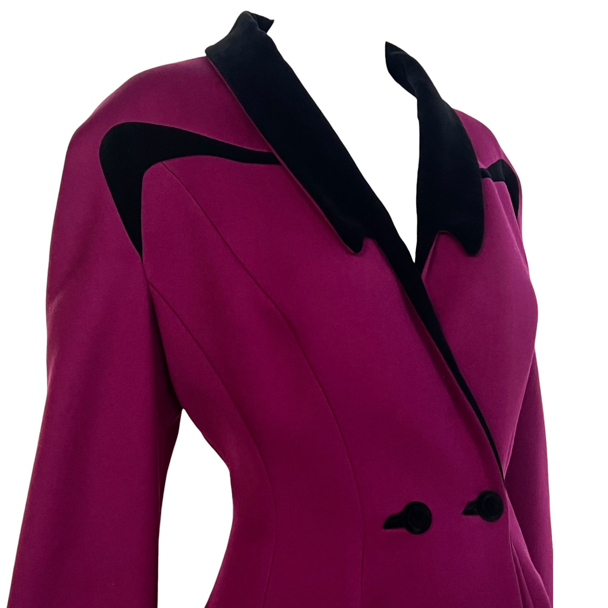 Thierry Mugler 1980s does 40s Plum Fit and Flair Coat slight side top
