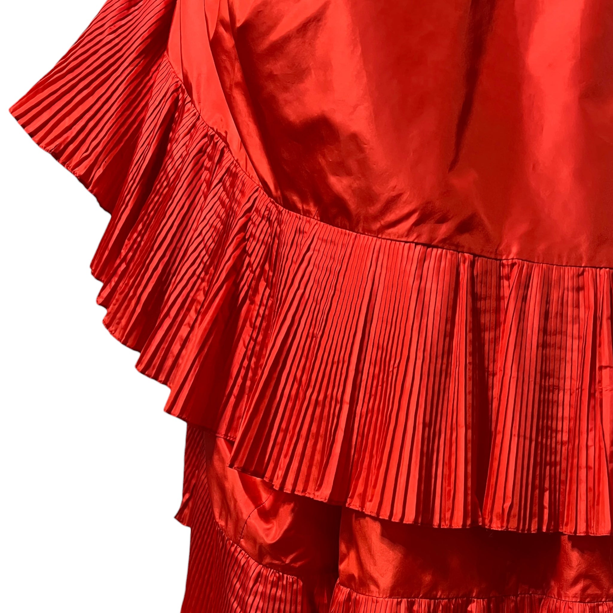 Gina Fratini Early 1980's Scarlet Red Ruffled Silk Taffeta Halter Gown, pleats