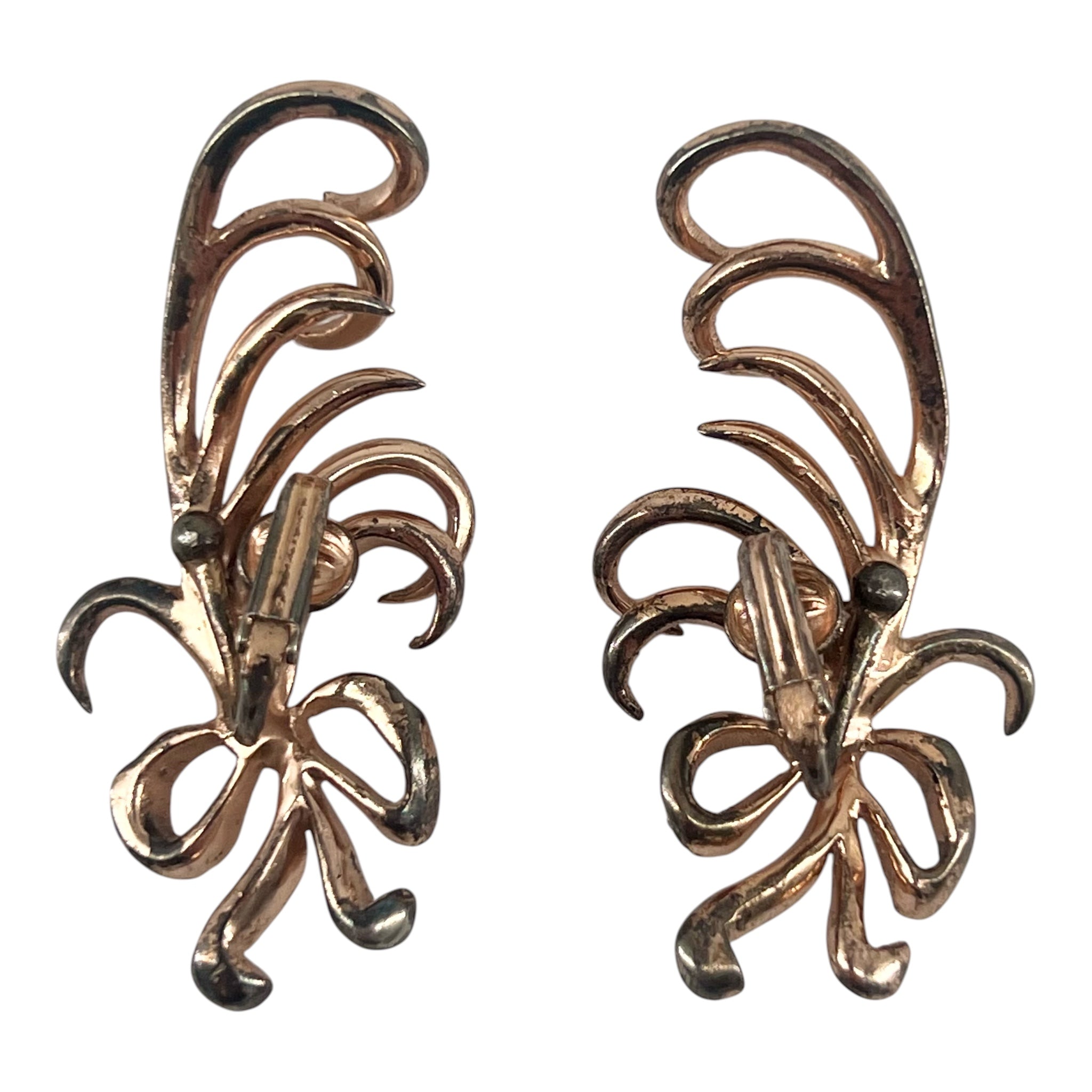 Nettie Rosenstein 1940's Sterling Silver Gold Vermeil Diamante Feather Brooch and Earrings, earring reverse