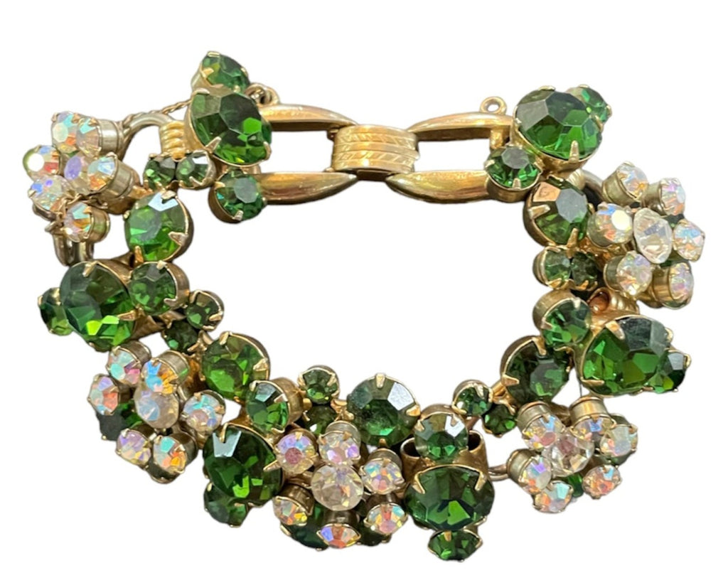 960s Green and Iridescent  White Floral Cluster  Rhinestone Link Bracelet CLOSED 1 of 