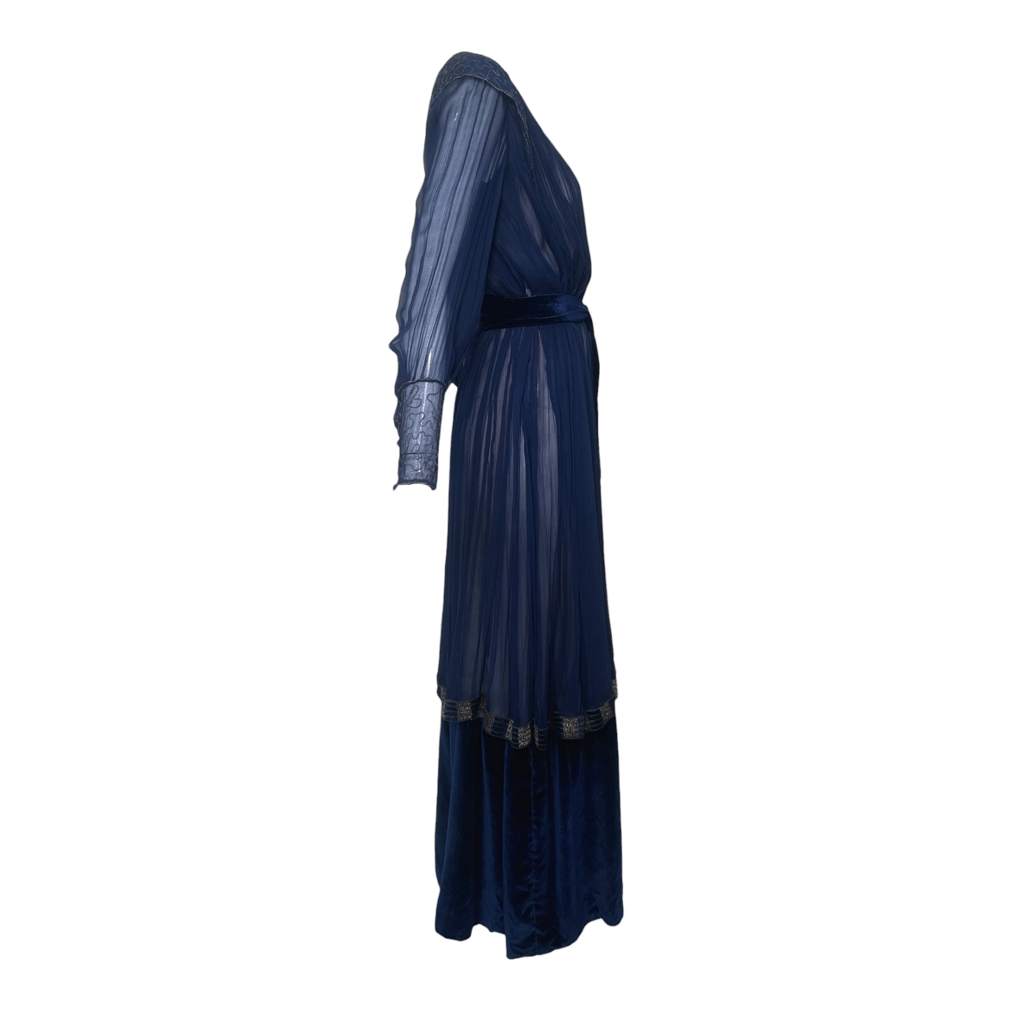 1910's French Couture Midnight Blue Silk Chiffon Long Sleeve Gown, side 2